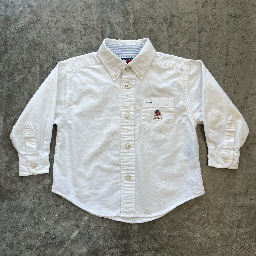 Vintage Tommy Hilfiger Toddler 2T White Oxford Shirt Crest Logo Button Down 2001